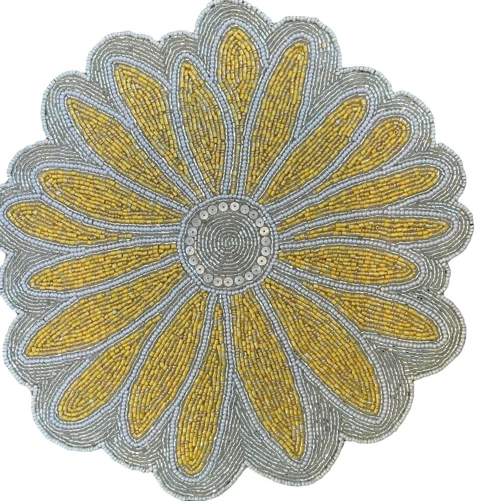 TAHARI HOME Glass Hand Beaded Charger Placemat Summer Yellow & White Floral NEW